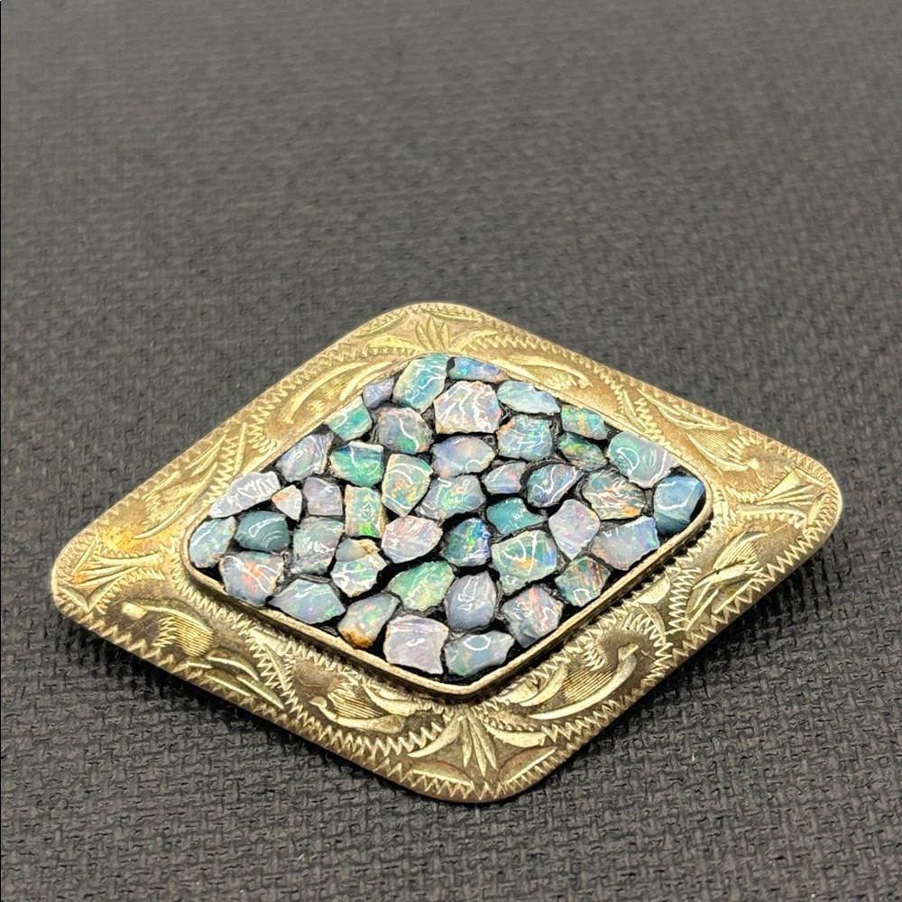 VTG Scandia Mosaic Raw Opal Diamond Shaped Brooch John Eisen Australia Silver - Picture 9 of 9